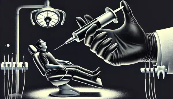 Denturisme : Histoire, Développement Mondial et Perspectives Professionnelles 24 Illustration montrant une main sombre et menaçante tenant une seringue géante, plongeant vers un patient vulnérable allongé sur une chaise dentaire, symbolisant le danger et la manipulation par le lobby dentaire.