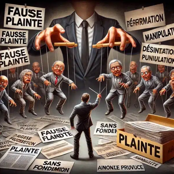 Le Mythe de la Plainte : Démasquons la Désinformation du Lobby Dentaire 7 Un marionnettiste manipulateur contrôlant des marionnettes de journalistes et de figures d'autorité, avec un dossier de plainte vide en arrière-plan, symbolisant la fausse médiatisation.