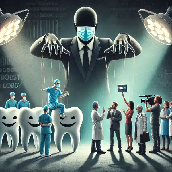 Le Mythe de la Plainte : Démasquons la Désinformation du Lobby Dentaire 3 Un montage montrant un marionnettiste manipulant des figures représentant des dentistes et des journalistes, à côté de professionnels de santé dentaire honnêtes tentant de révéler la vérité.
